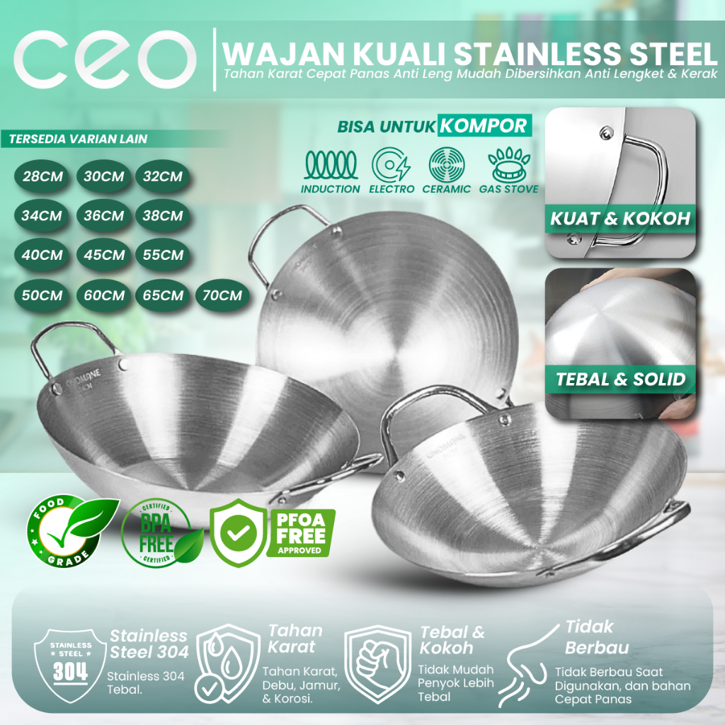 CEO Wajan Kuali Penggorengan Stainless Steel Dengan Pegangan 28/30/32/34/36/38/40/45/50/55/60/65cm