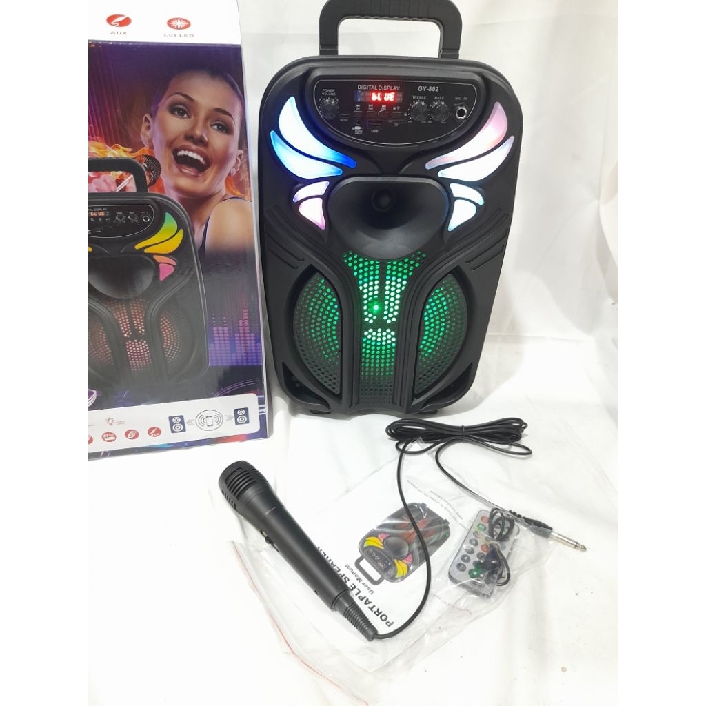 super bass gy 802speaker portabel bluetooth Bonus mic kabel tersambung Ukuran 8 inchi22 x 18 x 38 cm