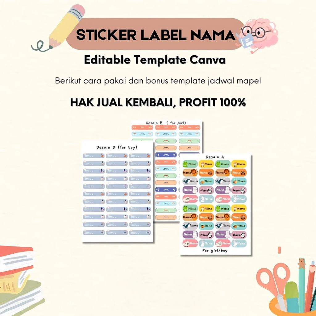 

Sticker Label Nama Anak Editable di Canva | Template Label Buku & Alat Tulis | Hak Jual Ulang
