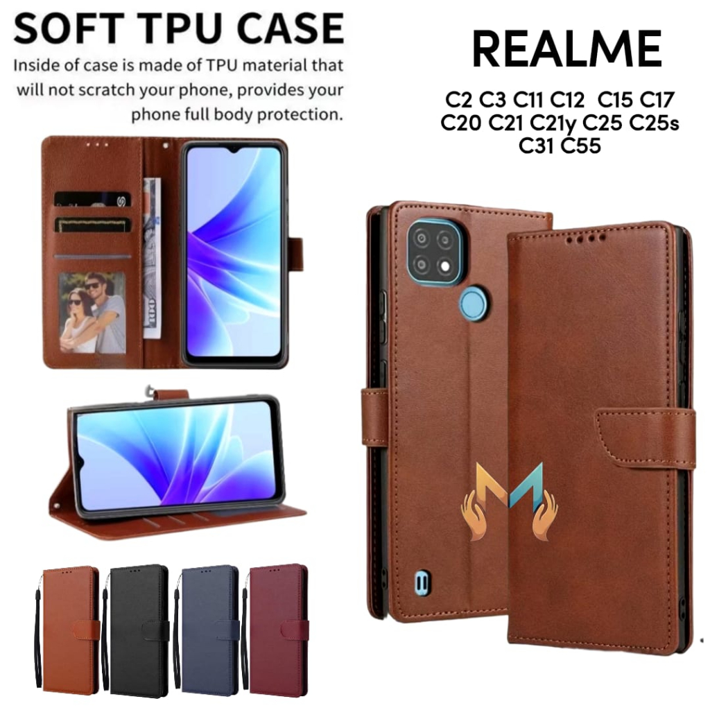 Case Realme C2 C3 C11 C12 C15 C17 C20 C21 C21y C25 C25s C31 C55 Flip Casing Dompet Kulit Buka Tutup