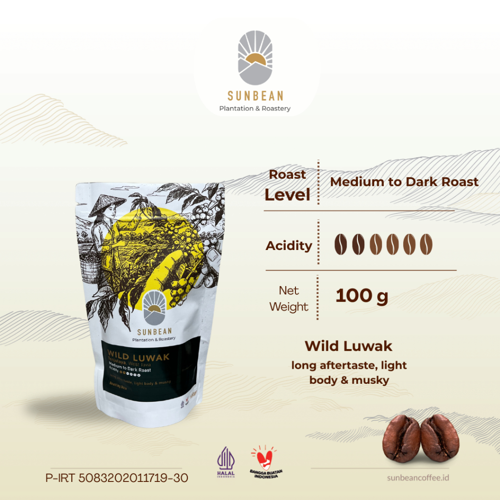 

Kopi Full Arabika Luwak Liar Medium to Daark Coffee Roast 100g by SUNBEAN