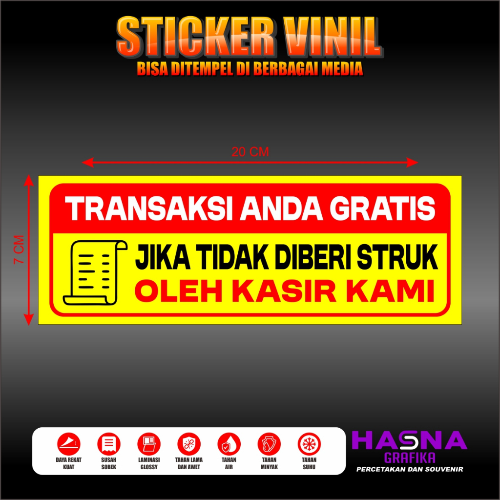 

STICKER VINIL / STICKER TRANSAKSI ANDA GRATIS JIKA TIDAK DIBERI STRUK
