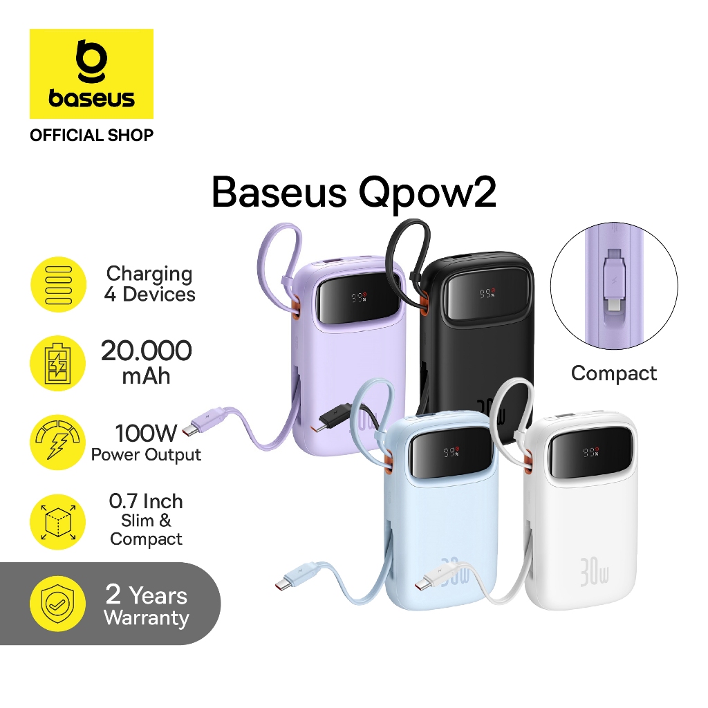 Baseus Qpow2 22.5W Fast Charging Power Bank Dual-Cable Type-C Lighting PD QC SFC 10000mAh 20000mAh