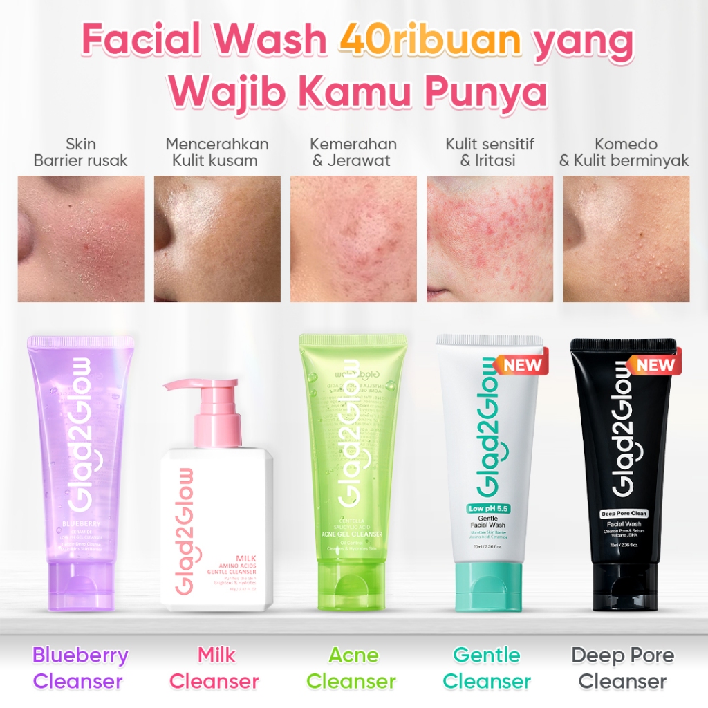 [100% ORI]Glad2Glow Facial Cleanser Complete Series - Face Wash Blueberry Cleanser/Milk Cleanser /Ac