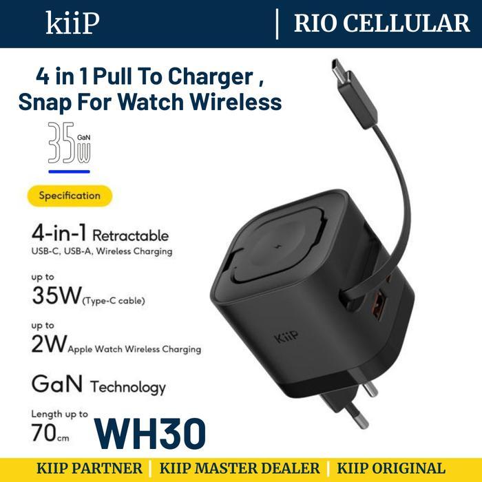 KiiP WH30 Charger 3in1 Adapter Fast Charger GaN 35W With Retractable Cable Built in Magnetic Wireles