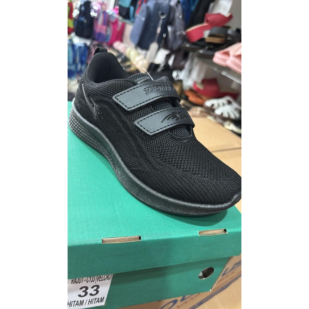 Sepatu Sekolah Thomas perekat Kode Velcro Hitam Hitam