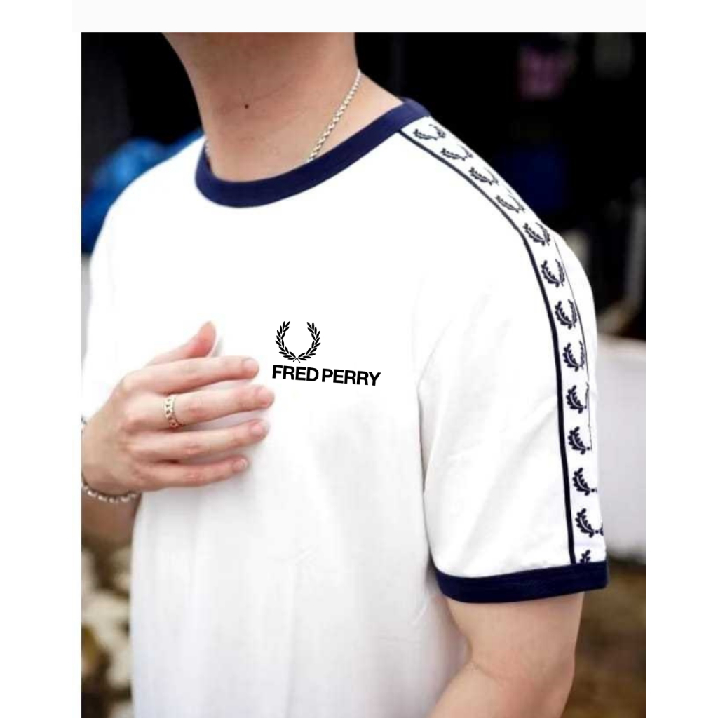 KAOS fredperryy Pria import/Baju tshirt Clasic  Casual Distro stripe Lengan pendek warna putih