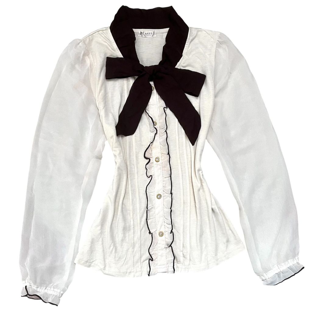 Axes Femme Ribbon Ruffle Pearl Preppy Puffy Longsleeve Top | cottagecore fairycore academia lolita b