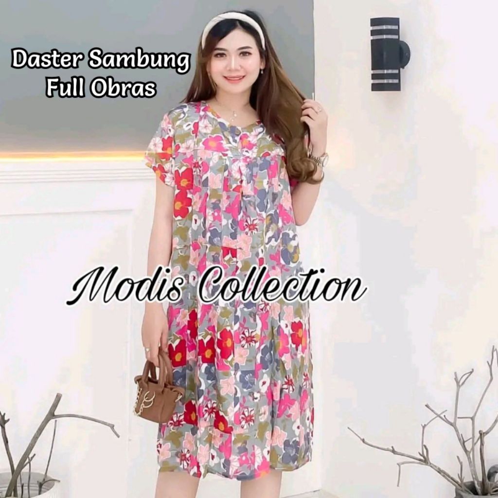Daster Sambung Perca Full Obras Kancing Depan Bumil Busui Friendly Leher Kerah Karet Bulat U Neck Le