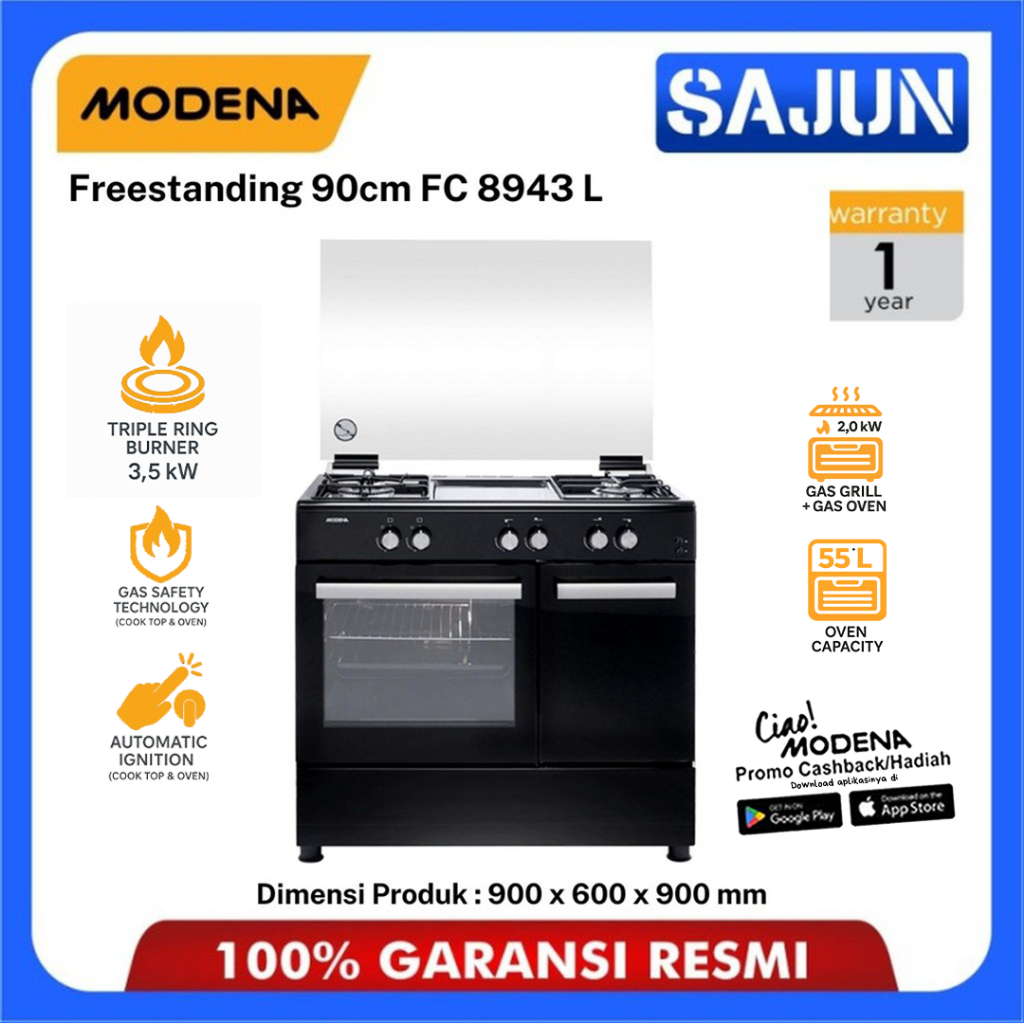Modena Kompor Gas Freestanding 4 Tungku FC 8943 L / FC8943L - 90 cm Stainless Steel Italian Burner
