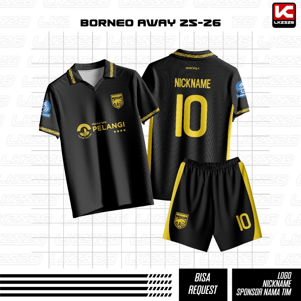 Jersey Bola Custom Nama Dan Nomor BORNEO AWAY 25/26 LIGA TERBARU MUSIM 2025/2026 HITAM Full Print Sp