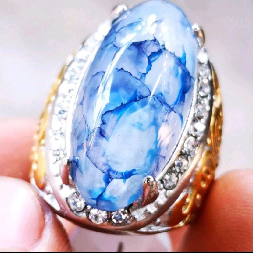 cincin batu akik asli biru sisik naga model pandan titanium