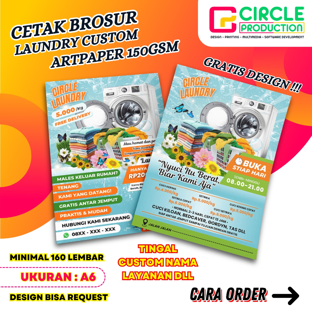 

CETAK BROSUR/FLYER LAUNDRY TINGGAL GANTI KONTEN | BAHAN AP150GSM | UKURAN A6 (105 x 148 MM)
