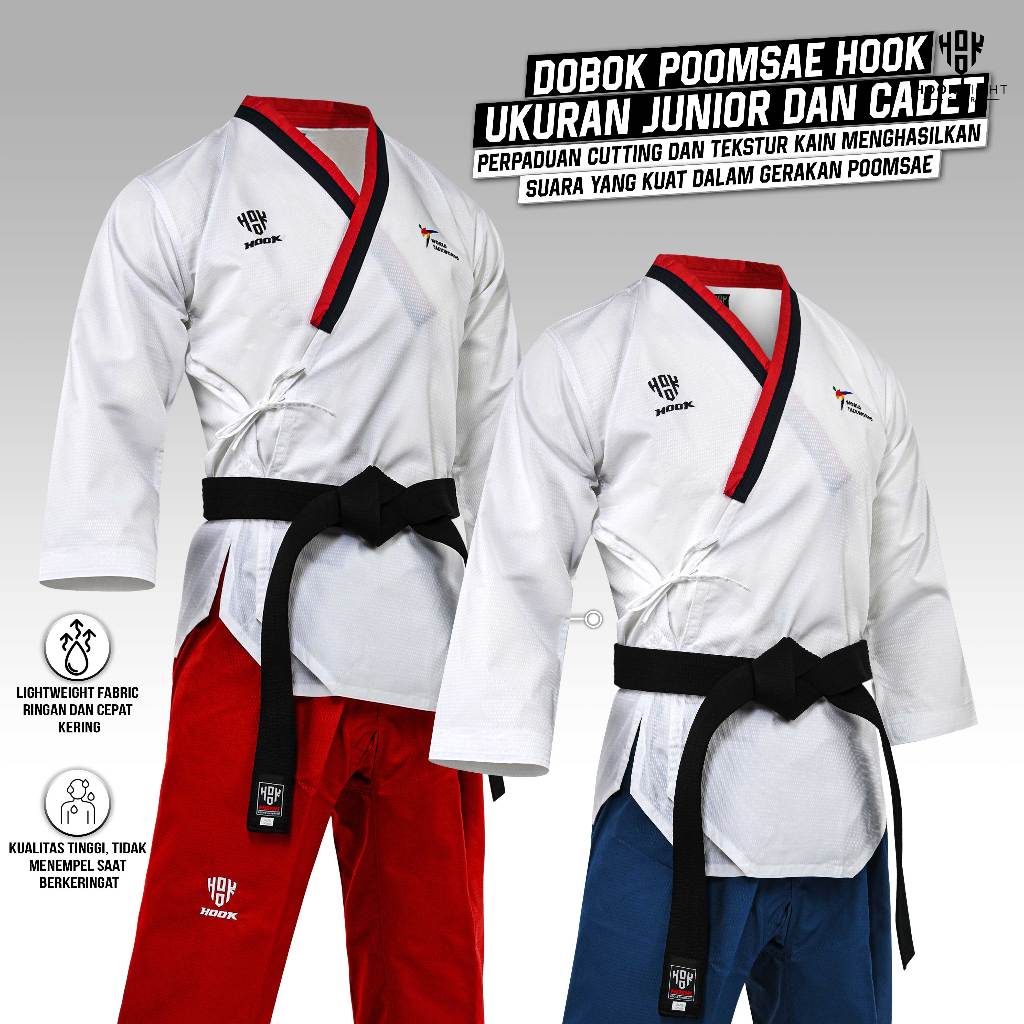 Dobok Poomsae Taekwondo Junior Cadet Hook Baju Seragam Taekwondo Poomsae Pria dan Wanita Tae Kwon Do