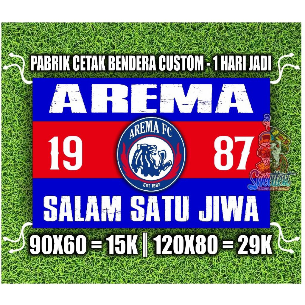 READY STOK + FREE STICKER BENDERA AREMA, MINIFLAG AREMA, GIANTFLAG AREMA, LOGO AREMA, SPANDUK KAIN A