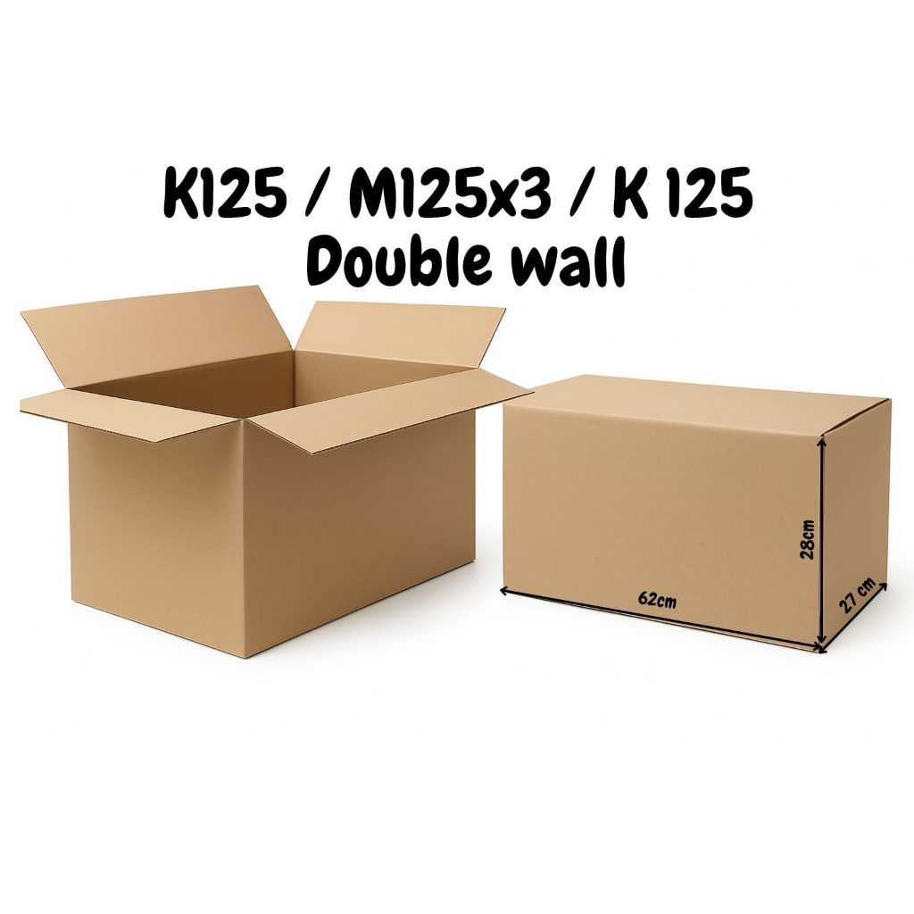 

Kardus Packing Tebal P 62 cm x L 28 cm x T 27 cm - K125/M125x3/K125 Double Wall
