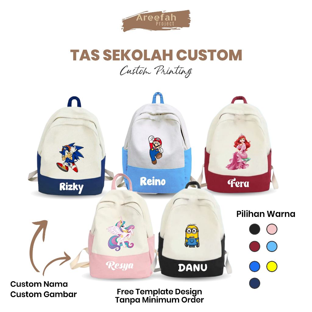 Areefah Tas Sekolah Anak Custom | Tas Ransel Desain Nama & Logo | Tas Anak Sekolah Bebas Desain