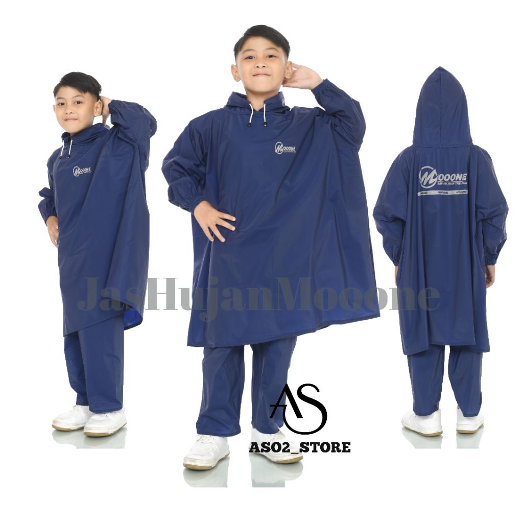 MOOONE PROMO Jas Hujan Anak Model Ponco + Celana  Bahan Kuat Tebal Anti Rembes Navy