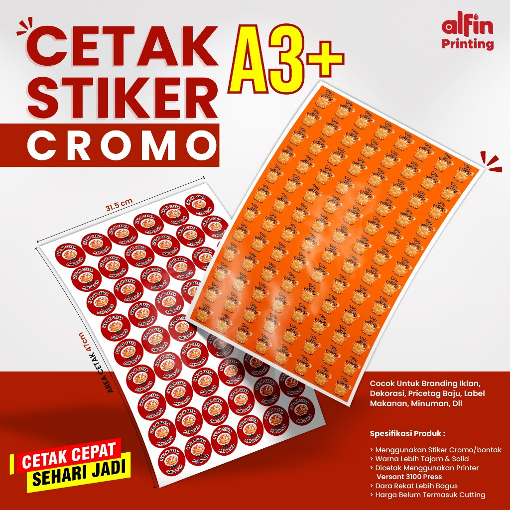 

[GROSIR] CETAK STIKER MURAH A3+ / PRINT A3+ STIKER CROMO print only / STIKER BONTAK / LABEL / KEMASAN
