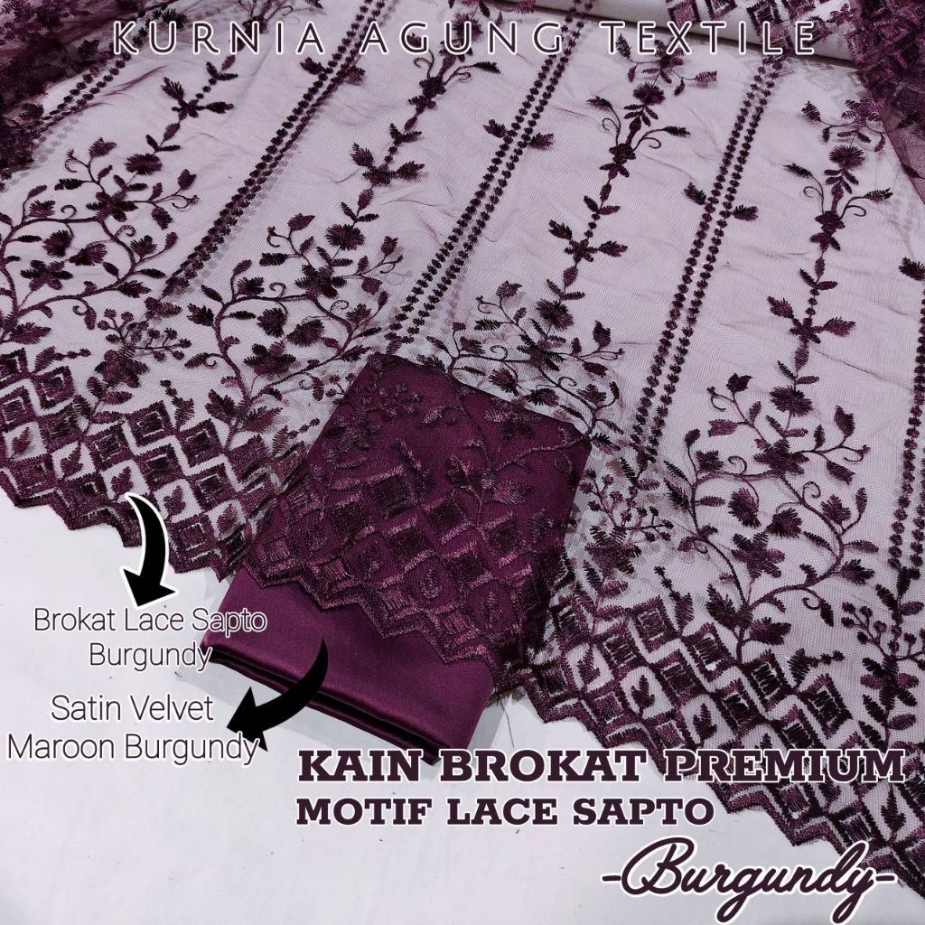 Kain Brokat Meteran Brokat Chantily Motif Lace Sapto Warna BURGUNDY SATIN MAROON BURGUNDY Premium