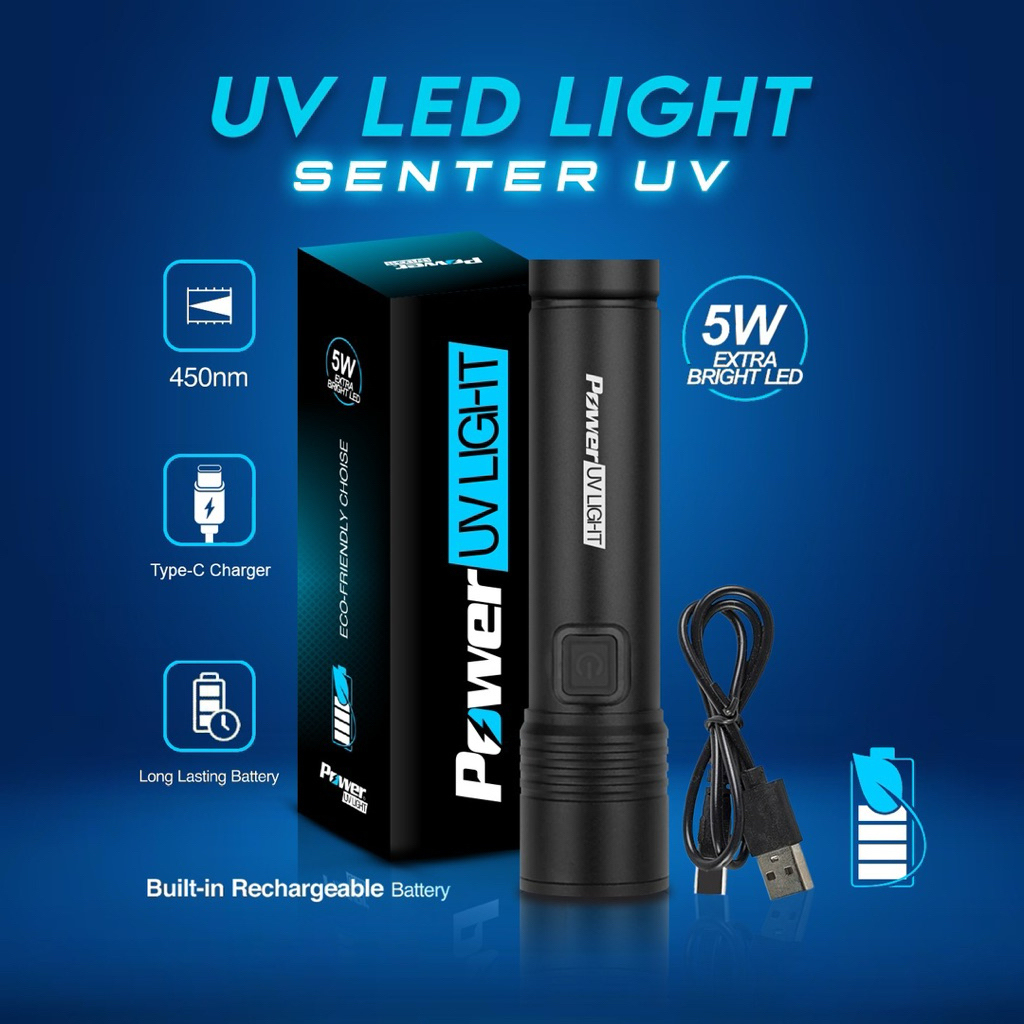 Senter UV Power Uv Light Cas LED Ultraviolet 450nm Charger Type C Untuk Assist Hook Metal Jig
