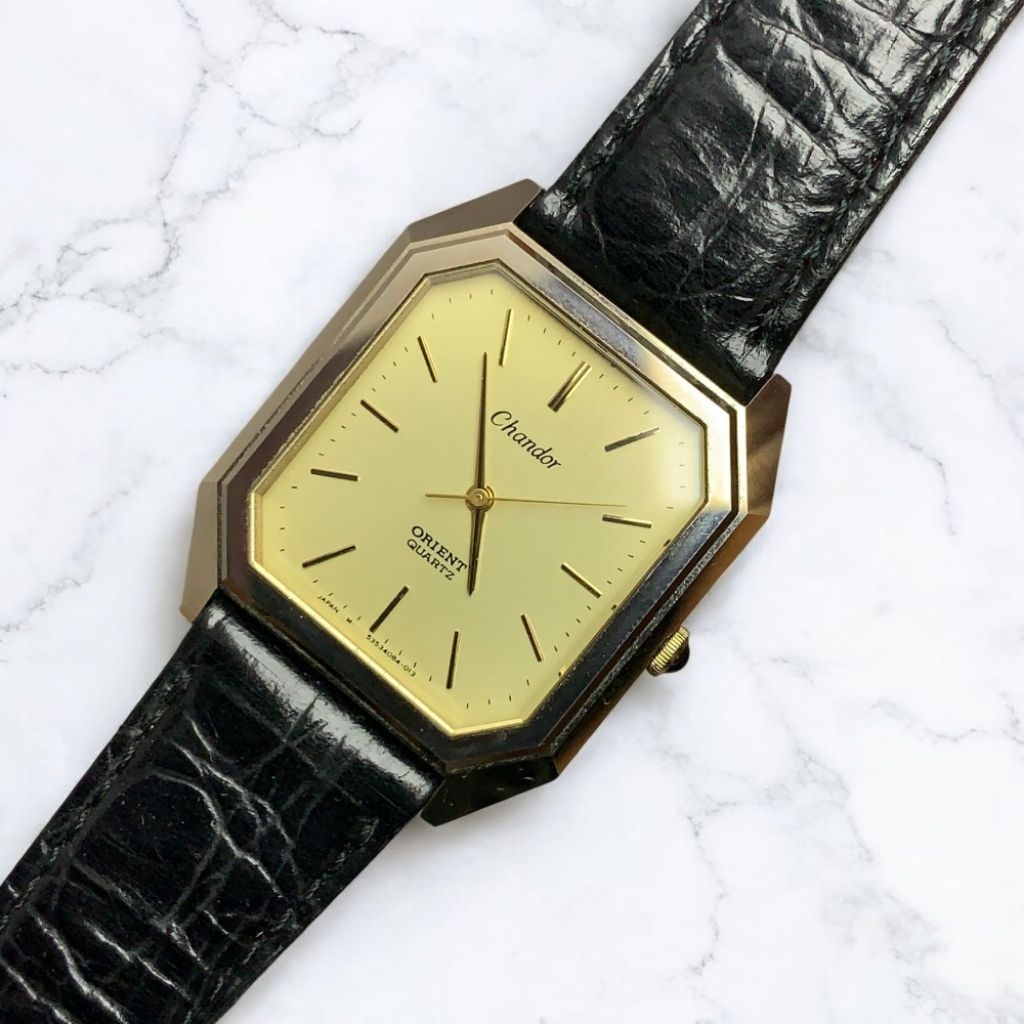 Jam Tangan Tank - Orient Chandor Quartz Non Scratch Gold Case Rare Vintage Elegant Dress Watch