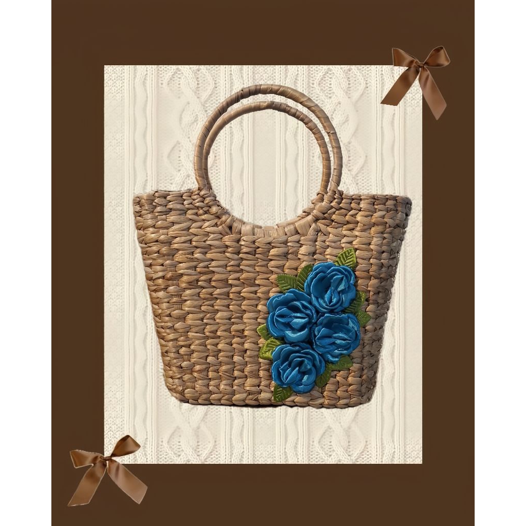 Tas Anyaman Rotan Bunga Biru — Handmade Tote Bag Elegan Ramah Lingkungan