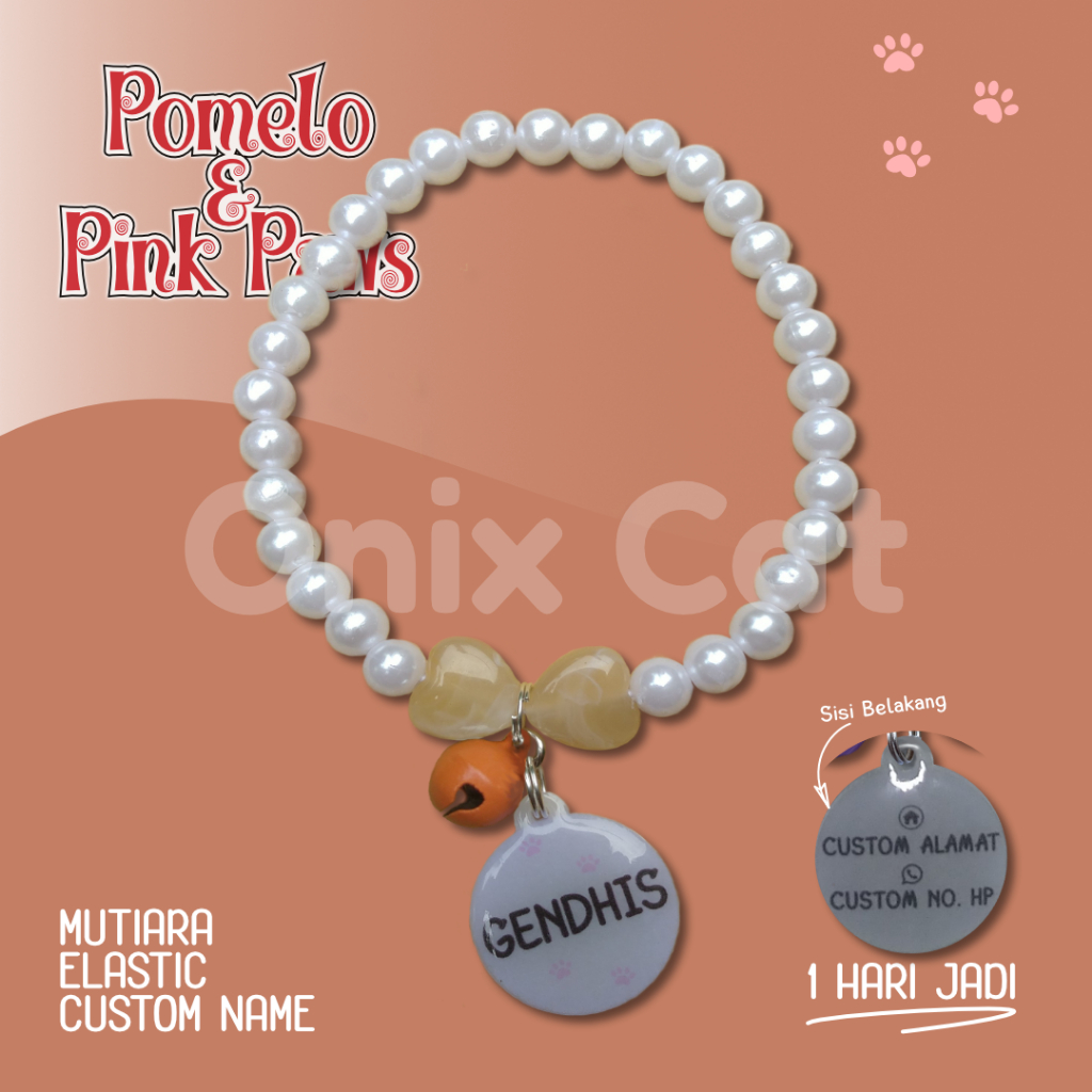 Kalung Kucing Mutiara Tag Nama Acrilic - Kalung Kucing Custom Nama dan alamat - Kalung Kucing Elegan