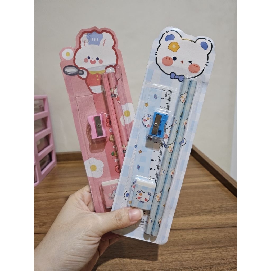 

Aimilo Pensil set penggaris penghapus peruncing pink blue bunny