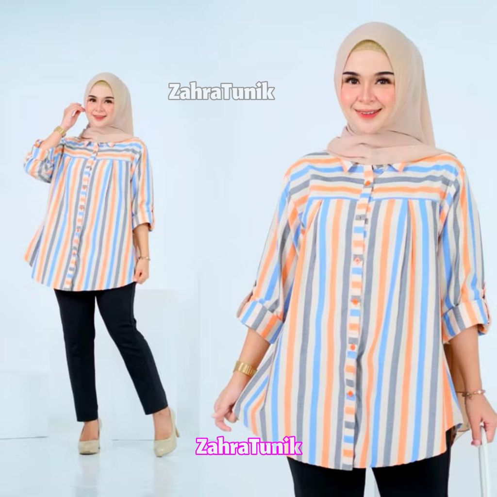 Kemeja Katun Salur Wanita Kemeja Blus Salur Ld (120cm) Blouse Kekinian