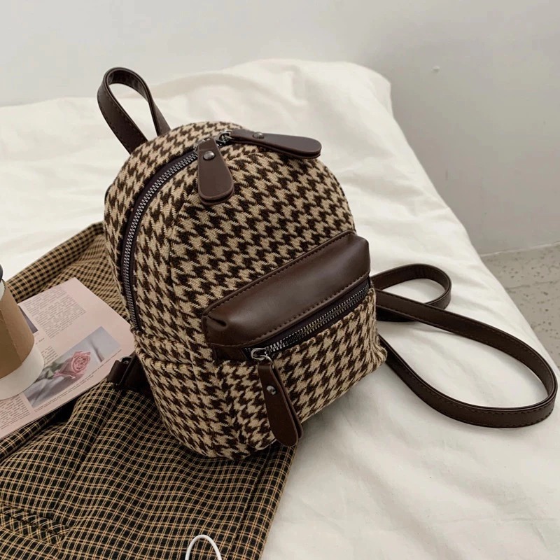 Tas Ransel Mini Motif Houndstooth / Tas Punggung Wanita Korea Style Kraliid