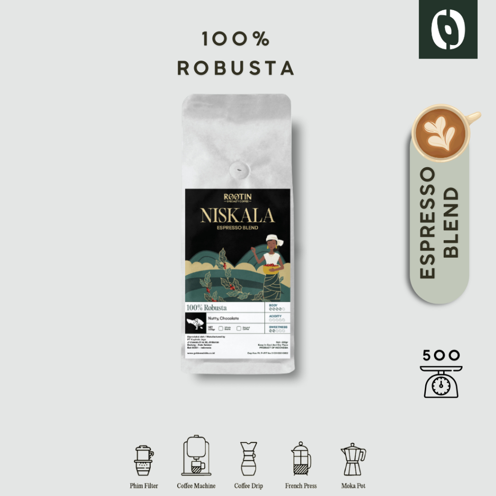 

Rootin Coffee Niskala Espresso Blend 100% Kopi Robusta Beans Biji dan Bubuk Kopi / 500gr