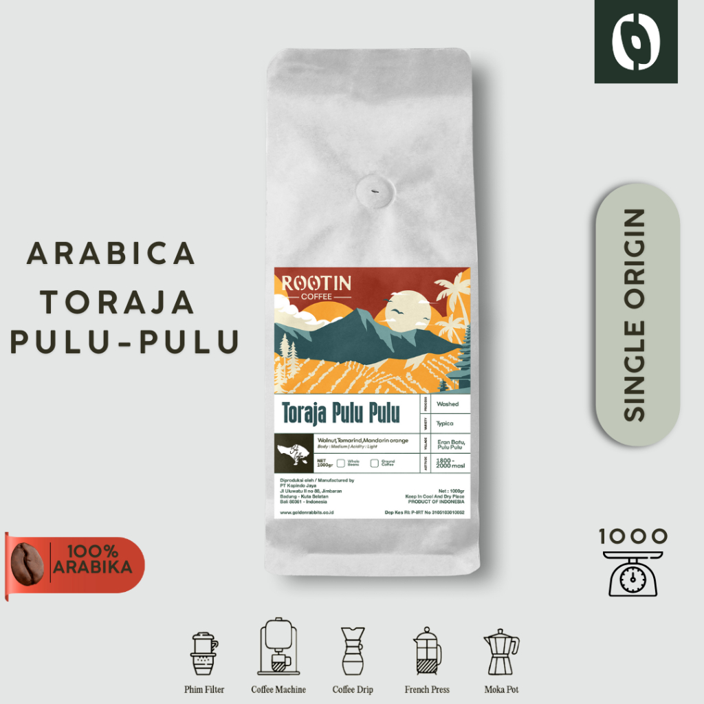 

Rootin Coffee Toraja Pulu-Pulu Single Origin Arabika Roasted Beans Biji dan Bubuk Kopi / 1kg