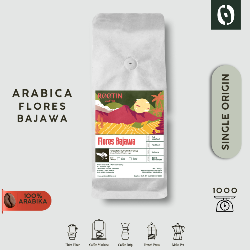 Rootin Coffee Flores Bajawa Single Origin Arabika Roasted Beans Biji dan Bubuk Kopi / 1kg