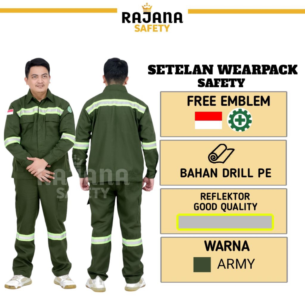 Rajana Safety - Setelan wearpack safety warna army atasan dan bawahan kerja lapangan proyek stelan K