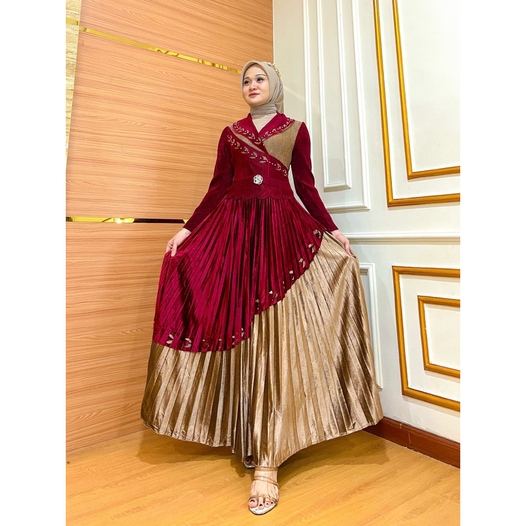 Meeykha gamis bludru plisket wanita hijab muslim Pesta