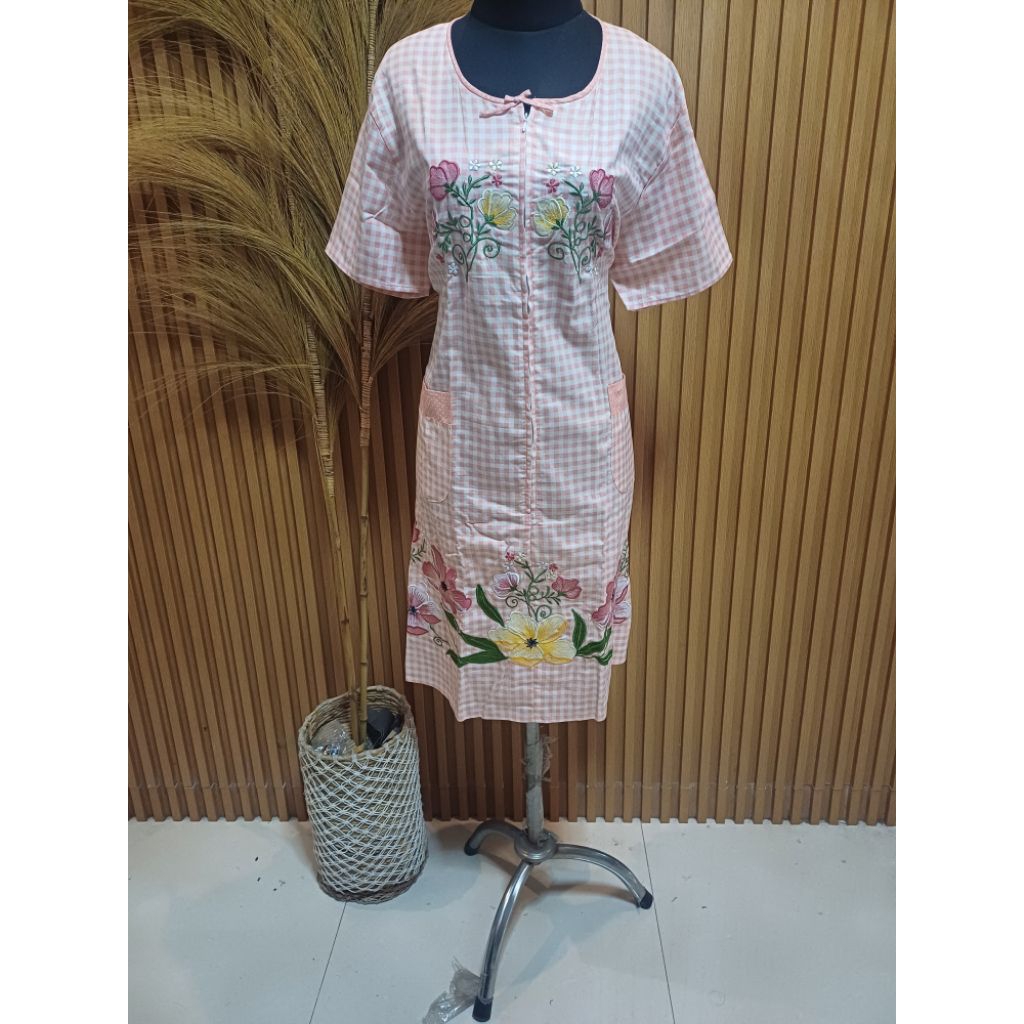 Daster Malang Wanita Katun Jepang Premium Bordir Bunga Sakura Peach