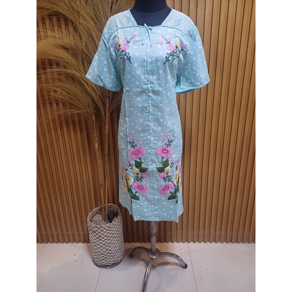 Daster Malang Wanita Katun Jepang Premium Bordir Bunga Alamanda Cyan