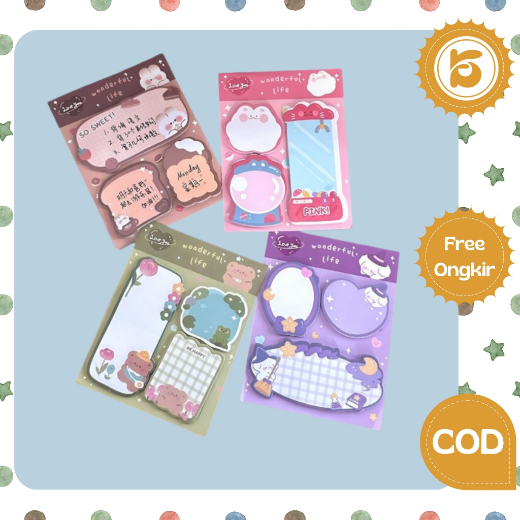 

KS Sticky Note 3 IN 1 Motif Kartun Bear Cat Kertas Memo Kombinasi Pola Hewan Lucu / Tempelan Kertas Catatan Pembatas Buku 60 Lembar