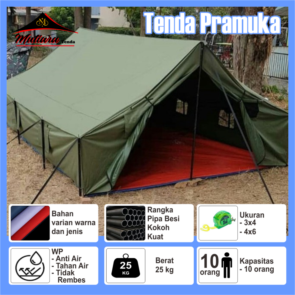 Tenda Pramuka 12 Orang 3x4 Full set Lebih Besar | Bahan D600soft Tebal + Alas / Tenda Kemah Anak