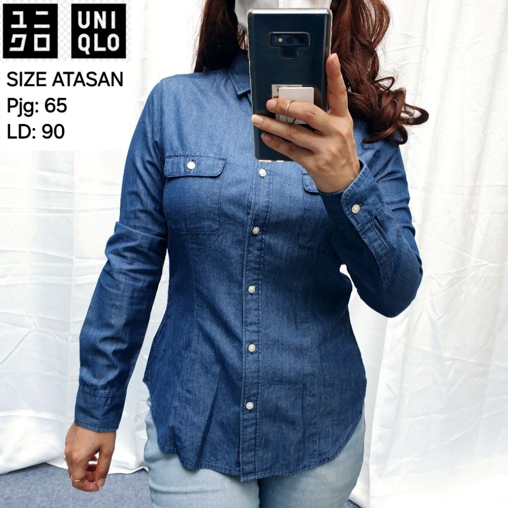 UNIQLO Atasan Kemeja Denim Jeans Lengan Panjang Wanita