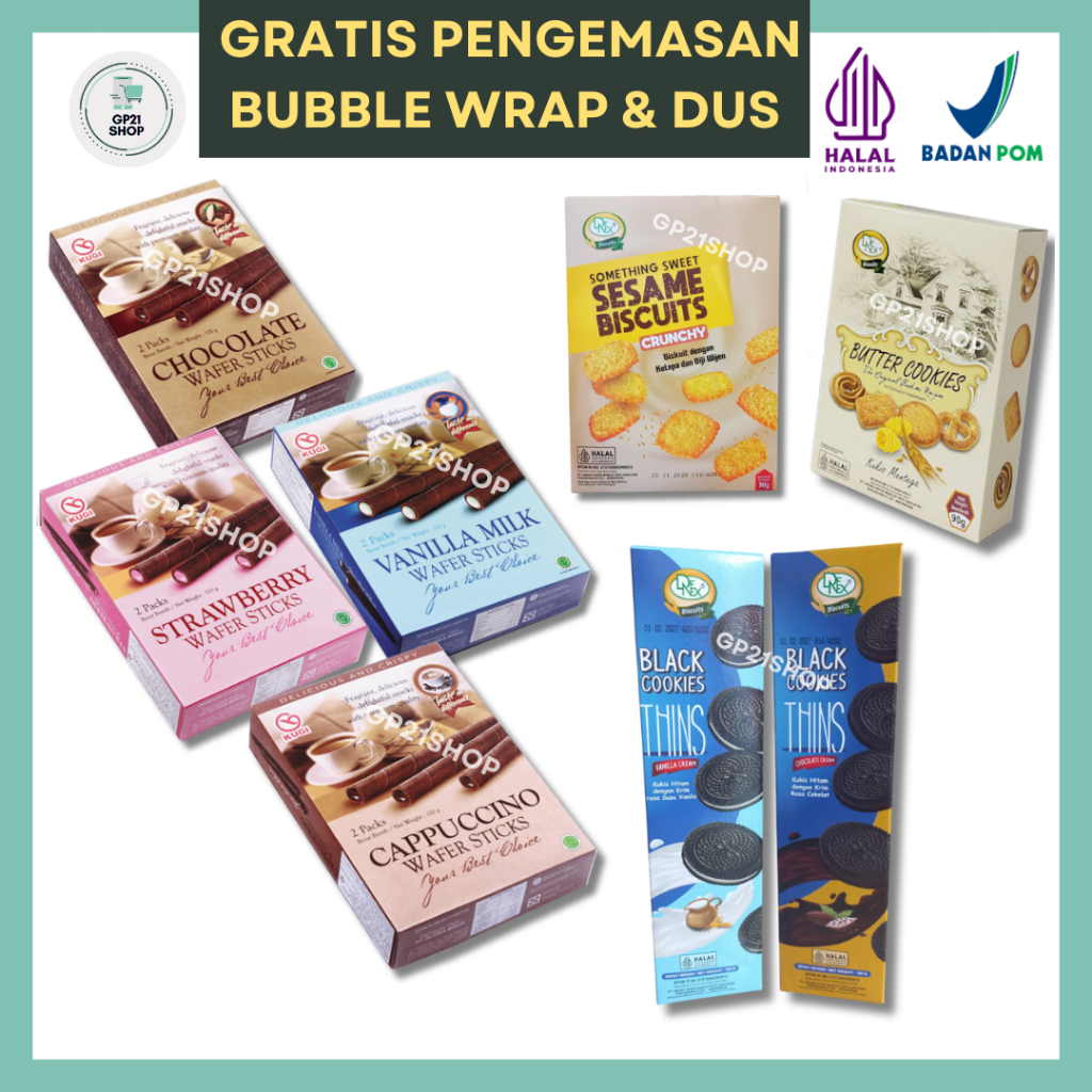 

Kugi Stick, Biskitop Cinnamon 120gr, Denex Butter Cookies, Sweet Sesame 90gr, Black Cookies 100gr