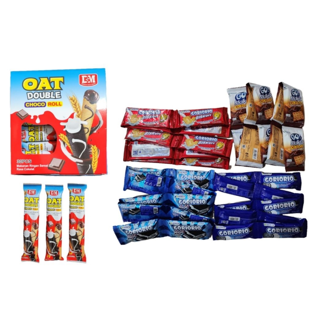 

OAT DOUBLE CHOCO ROLL 1BOX ISI 30PCS + BISKUIT MIX 40PCS
