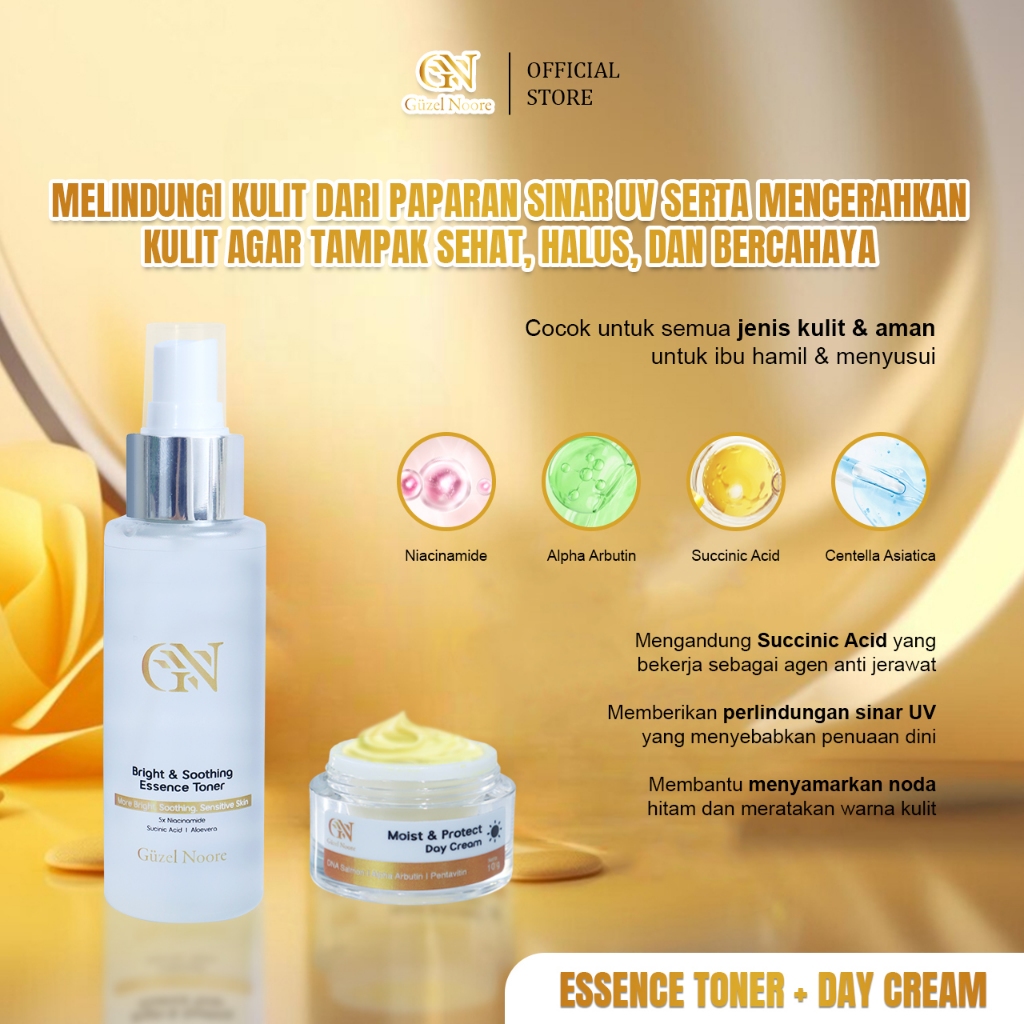 Guzel Noore Essence Toner + Day Cream - Mencerahkan Kulit Tampak Sehat, Halus, dan Bercahaya
