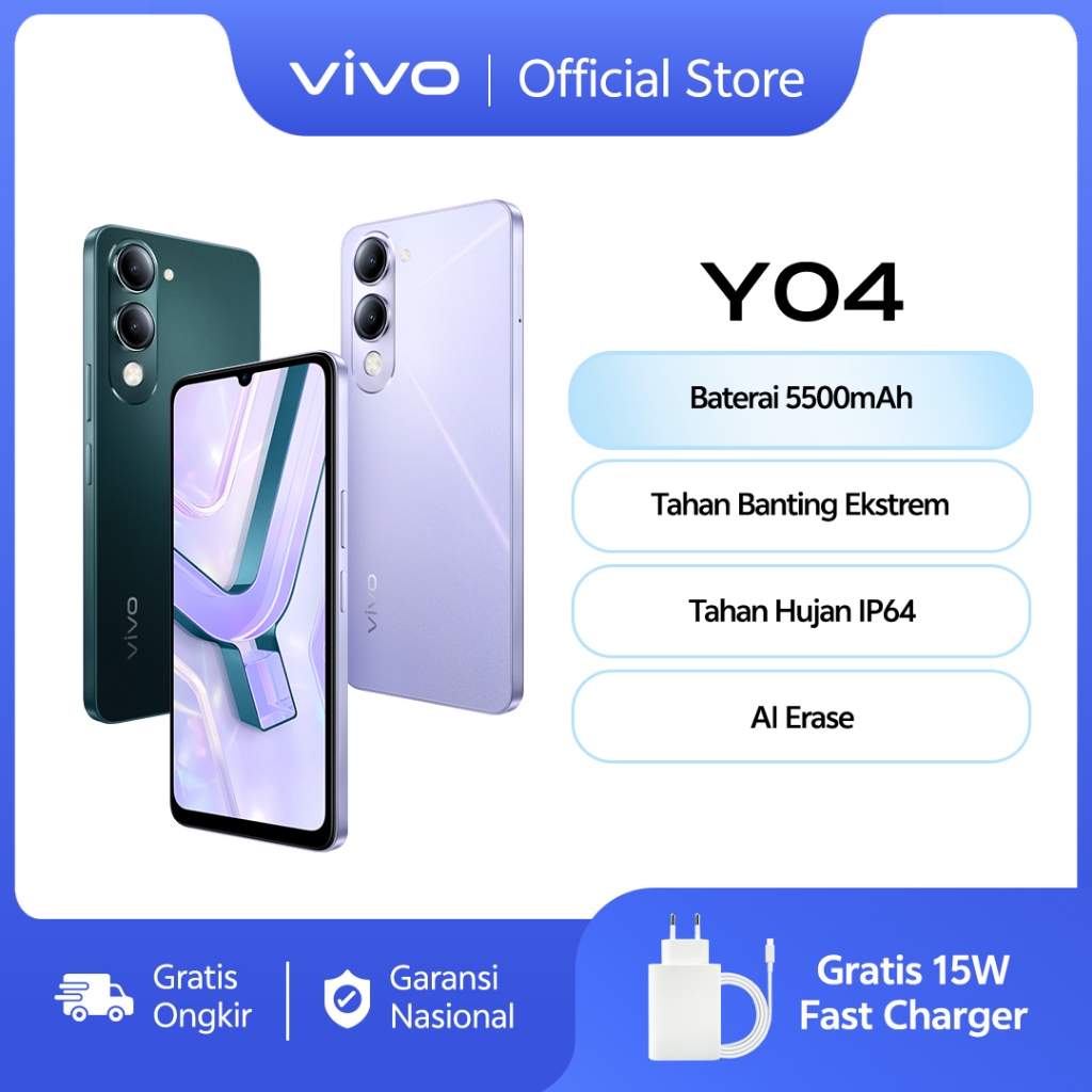 [Online Exclusive] vivo Y04 (4+64) - Desain Premium, 5500mAh Tahan Lama, Tahan Banting Ekstrem, Taha
