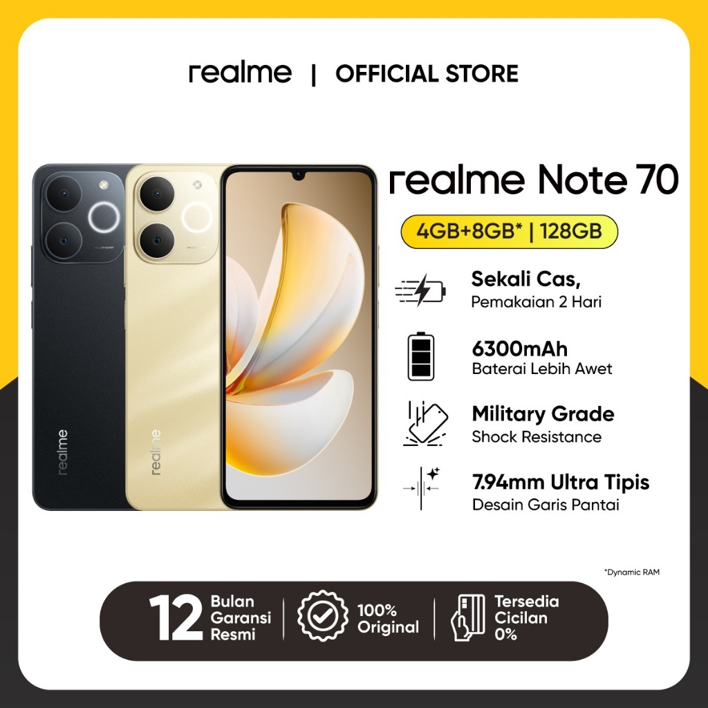 realme Note 70 4GB+8GB*|128GB (6300mAh Battery | Military Grade Shock Resistance | 7.94mm ultra tipi