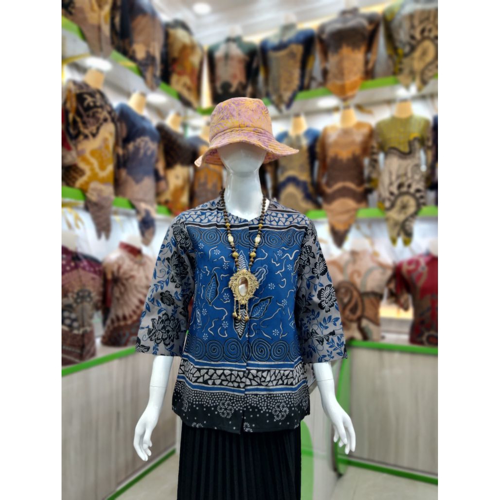 Blouse Batik Atasan Wanita Kerja Qistina Batik Bahan katun model kancing depan motif Biru TERATAI su