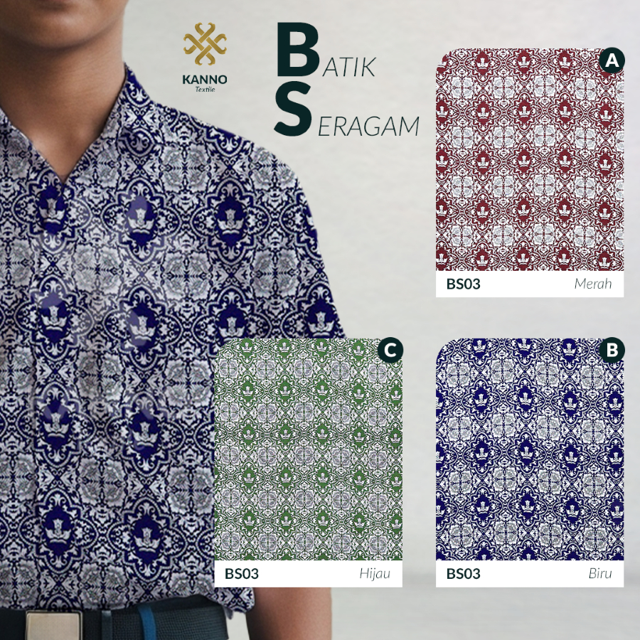 KAIN BATIK SERAGAM SEKOLAH SD SMP SMA BAHAN BSY SANWOS BS03 WARNA MERAH/BIRU/HIJAU