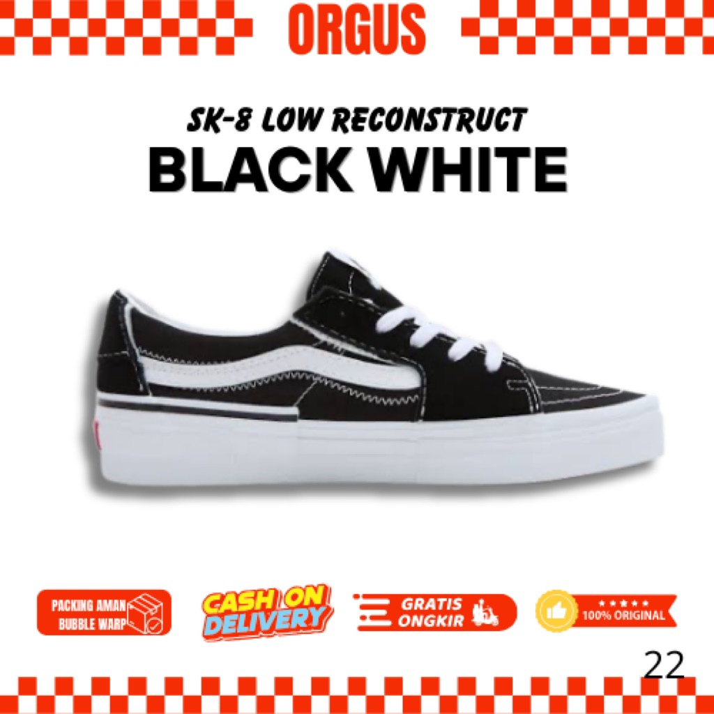VANS SK8-LOW RECONSTRUCT BLACK WHITE ORIGINAL 100% SEPATU SNEAKERS HITAM PUTIH
