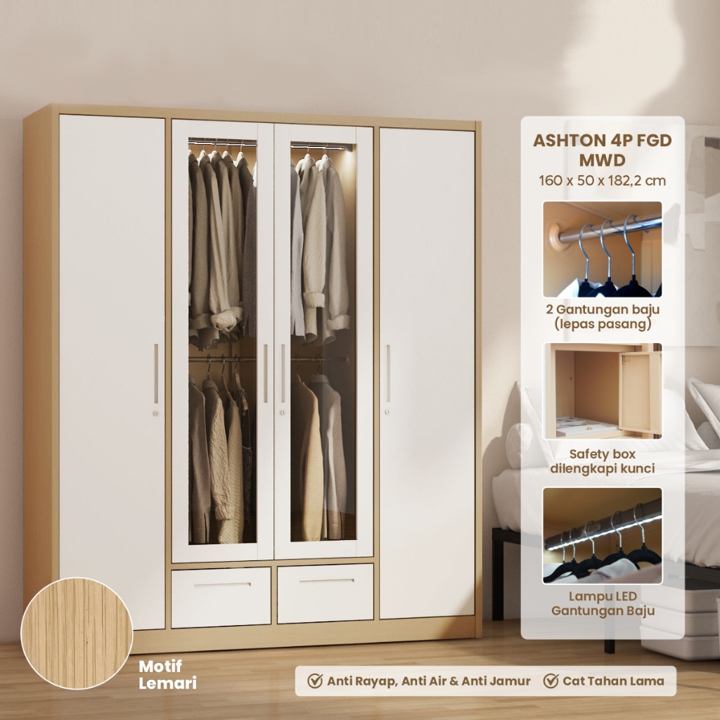 PIRA - ASHTON 4P FGD MWD LEMARI PAKAIAN BESI 4 PINTU DENGAN LACI DAN LED